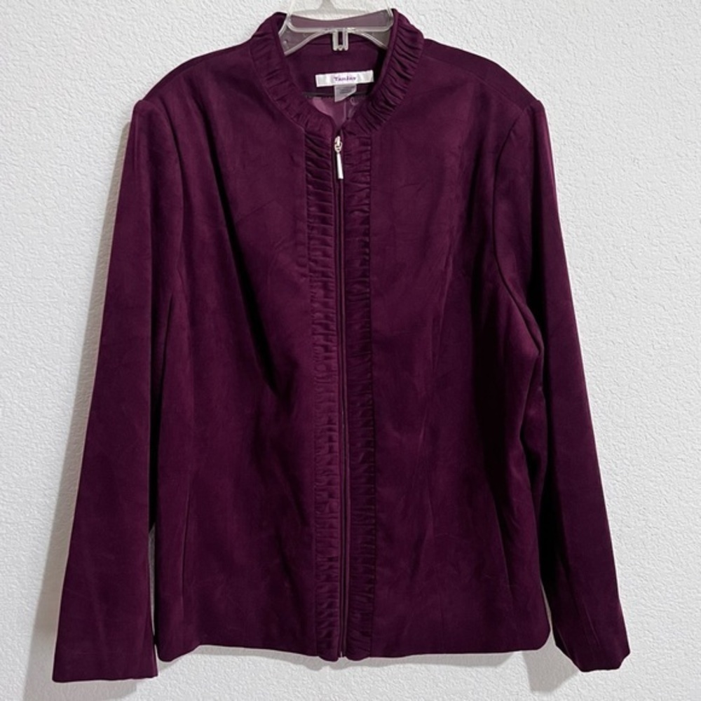 TanJay Wine Merlot Burgundy Brushed Faux Suede Front Zip Jacket Blazer 18